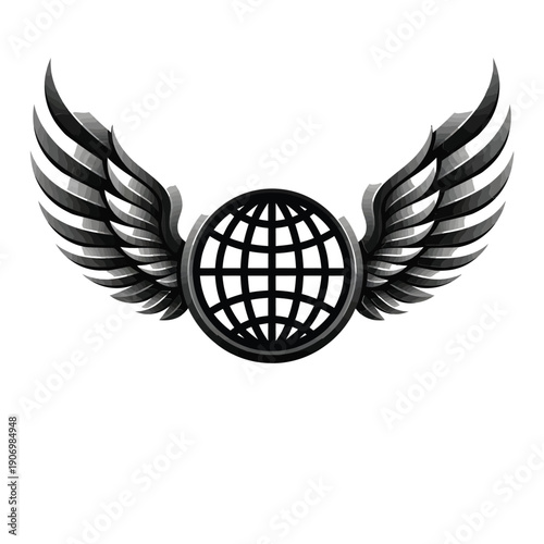 A grayscale winged globe emblem symbolizing global connectivity and freedom