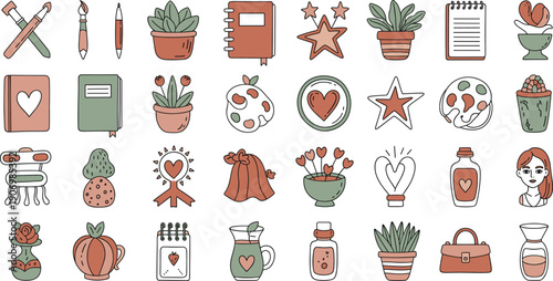 Hand-Drawn Flat Vector Doodle Icon Set Representing Women Creativity, Artistic Expression, Empowerment, and Innovation