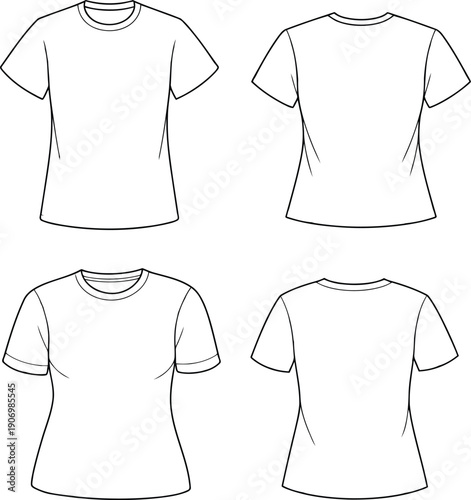 Four white t shirts in different views for design and branding