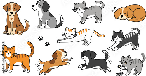 Cute Cats and Dogs Cartoon Vector Set, Playful and Sleeping Pet Characters, Adorable Domestic Animals Flat Illustration Collection