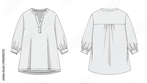 Fashion technical flat sketch of a women's relaxed tunic blouse. Features band collar V-neck, button placket, gathered sleeves, curved hem. Apparel