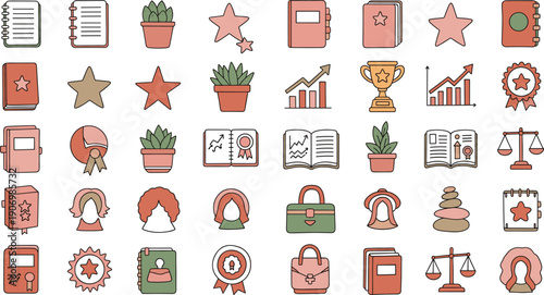 Hand-Drawn Flat Vector Doodle Icon Set Representing Women Leadership in Everyday Life, Empowerment, Confidence, and Independence
