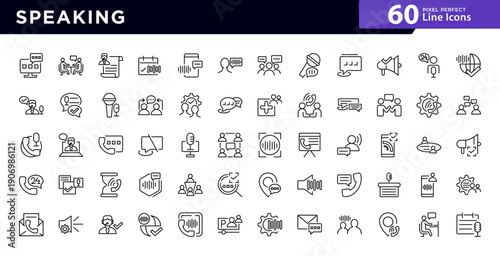 Speaking line icon set. Chat, speech, point, chat, support, message, phone, globe, call, news, broadcasting, sound, studio line icon set. Ui thin line icon pack.
