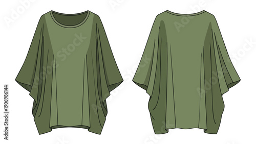 Elegant olive green women's oversized top flat sketch, front and back views, perfect for fashion design, pattern making, and comfortable modern
