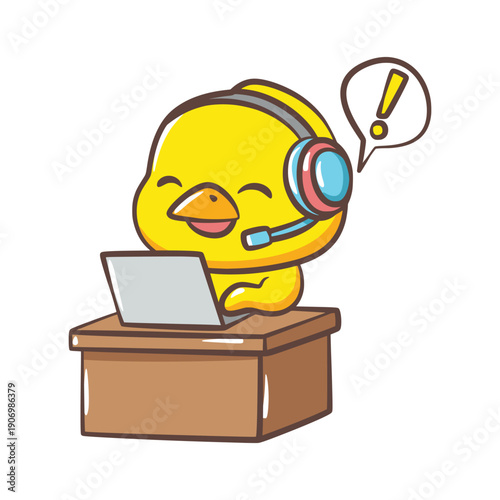 Gamer Yellow Chick Character Wearing Headset and Using Laptop at Desk