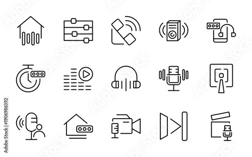 Podcast icons set. Record, audio, broadcasting, studio, webcast, broadcast, channel line icon set