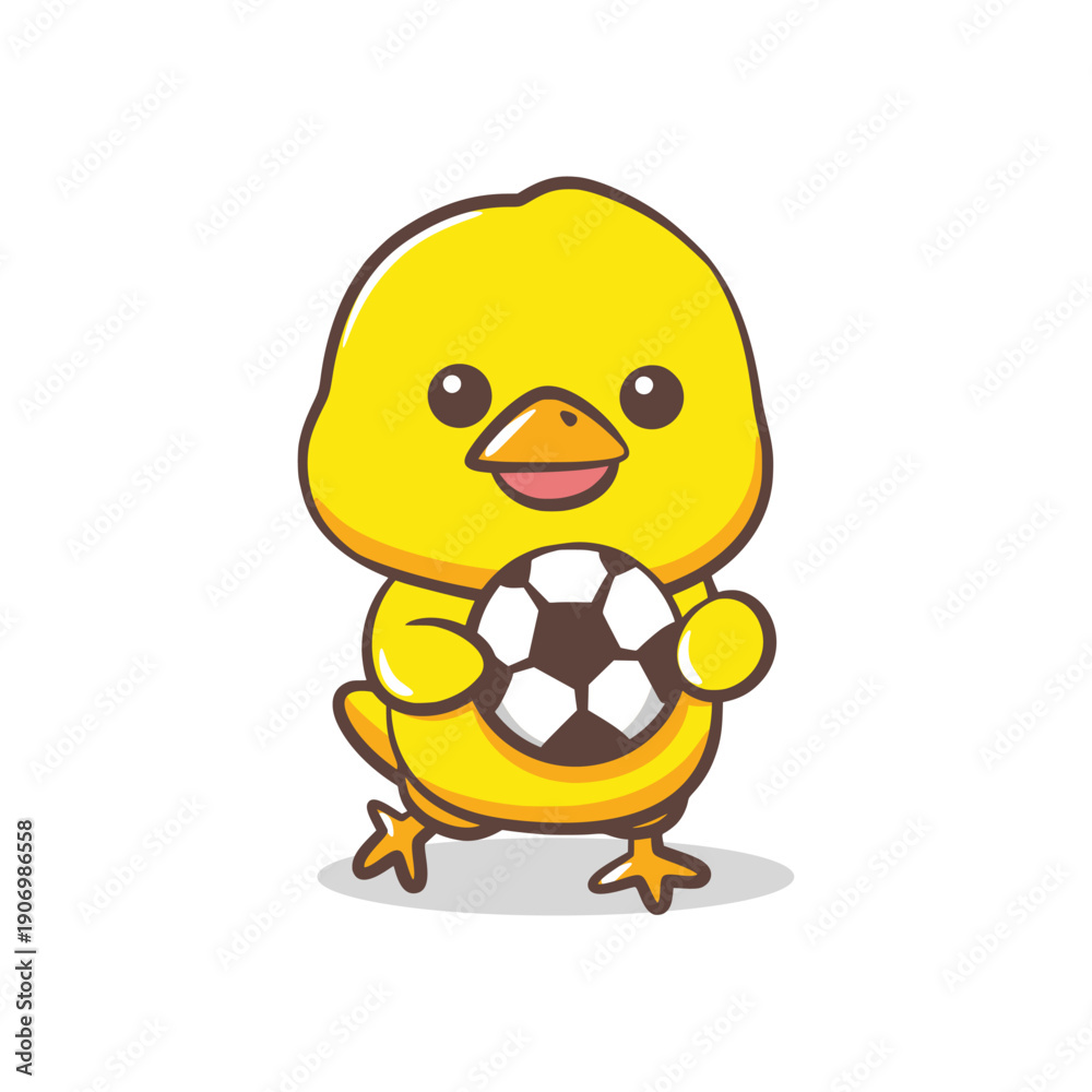 Obraz premium Happy Yellow Chick Character Holding a Soccer Ball with Both Wings