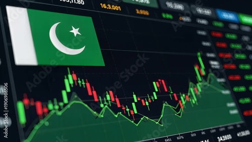 Pakistan stock market graph rising with flag, business growth, 4K footage