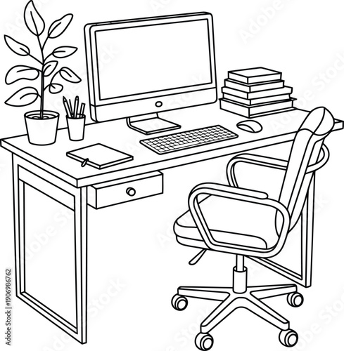 Modern home office workspace with computer and books