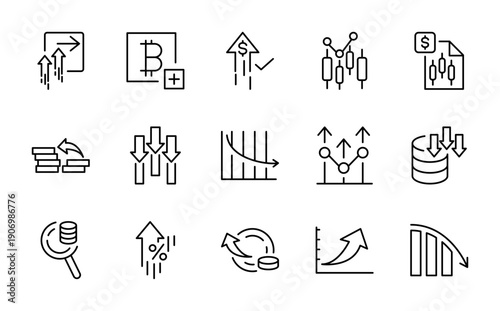Increase Decrease icons set. Report, fee, percent, chart, graph, arrow, increase, symbols, decrease, business growth line icon pack
