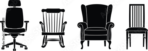 Set of chair silhouettes including office chair, rocking chair, armchair and dining chair, black furniture icons isolated on white background for interior design use