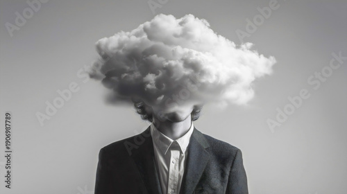 Surreal man with cloud head isolated, person with head in the clouds, daydreaming concept, brain fog, mental confusion, abstract psychology portrait.