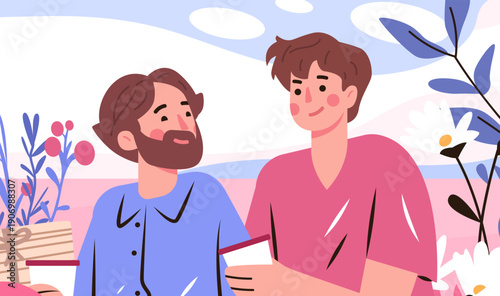 Male couple Valentines Day gay LGBTQ romance exchanging love note and gift in pastel garden with flowers leaves clouds books relationship concept