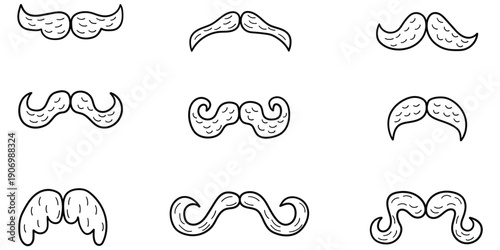 Hand-drawn doodle set of mustaches on a white background.