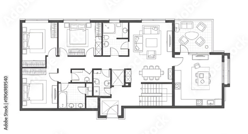 2D Residential Building Floor Plan Vector with Black and White Architectural Layout and Interior Design