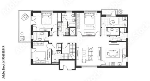 3D Render of Modern Private House on Architectural Technical Drawing with Realistic Design