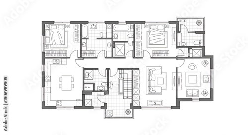 Home Blueprint Illustration with Detailed 2D Floor Plans and Isolated White Background Vector