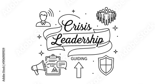 Crisis leadership vector illustration, guiding principles, megaphone, shield, for presentation or website, isolated on transparent background, png