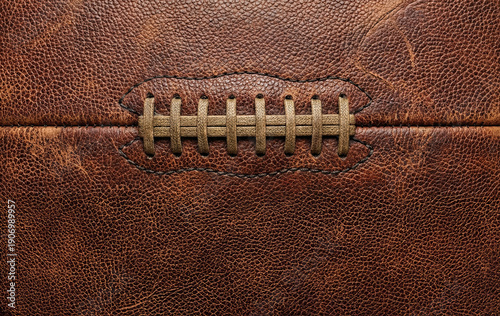 American Football Texture: A close-up view showcasing the intricate details of an American football, highlighting its rich textures and the meticulous craftsmanship of its stitching.