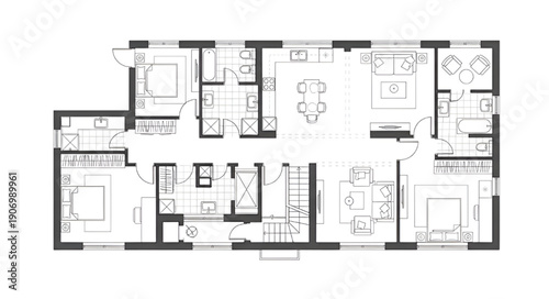 2D Residential Building Floor Plan Vector with Black and White Architectural Layout and Interior Design