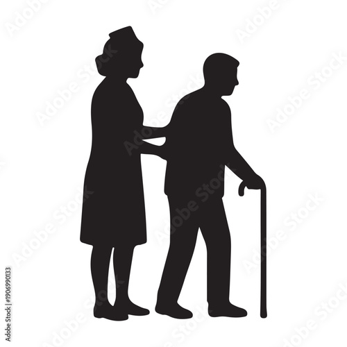 Black silhouette of elderly couple, woman supporting man with walking stick, caregiving or assistance concept, isolated on transparent background,