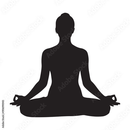 Woman meditating in lotus position with serene expression icon design graphic drawing isolated a vector black shilhoutte illustration
