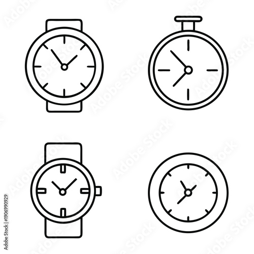 Four black and white line of wristwatches and pocket watches line wristwatch timepiece