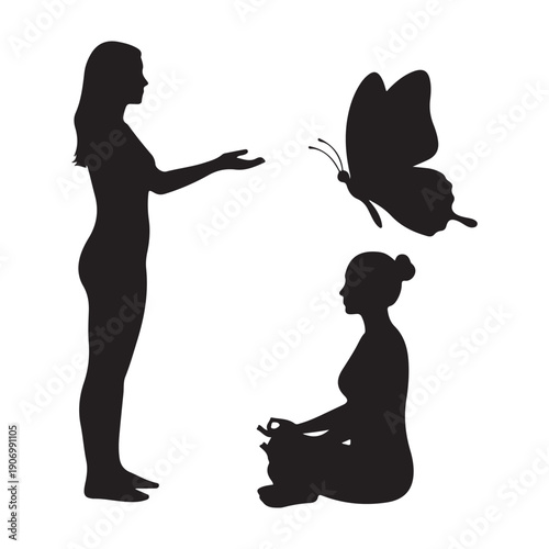 Silhouettes of woman and girl interacting with butterfly icon design graphic drawing isolated a vector black shilhoutte illustration
