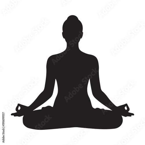 Serene woman meditating in peaceful lotus position icon design graphic drawing isolated a vector black shilhoutte illustration