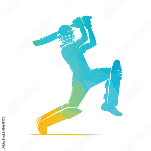 Colorful Geometric Cricketer In Action Batting