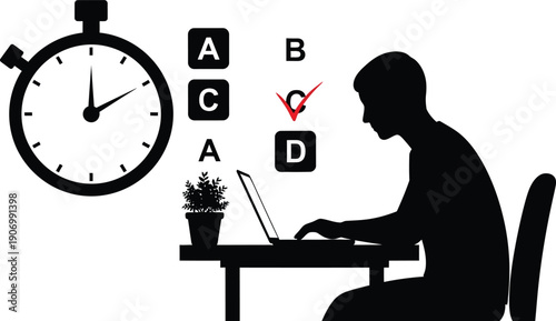 Man working on laptop with multiple choice test nearby