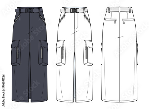 Belted Cargo Midi Skirt Technical Fashion Illustration. Utility-Inspired Tailored Silhouette with Front Slit and Patch Pockets. Modern Workwear CAD Vector Template. Front and Back View.