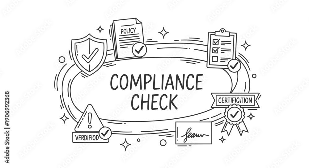Naklejka premium Compliance check vector illustration with checklist, shield, and certification badges for presentation or website, Isolated on transparent background, png