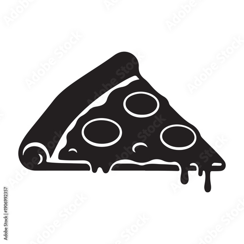 Melty cheese pizza slice with gooey cheese strings icon design graphic drawing isolated a vector black shilhoutte illustration
