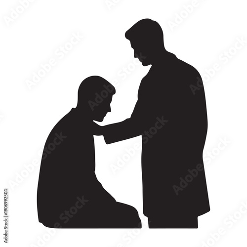 Silhouette of man comforting another man, kneeling and offering support, black vector illustration Isolated on transparent background, 