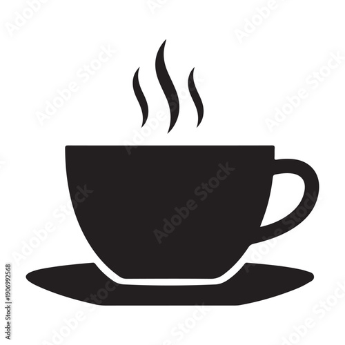 Steaming cup of coffee on saucer icon design graphic drawing isolated a vector black shilhoutte illustration