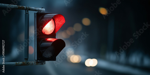 A Close-up shot of a traffic light displaying a red signal at night