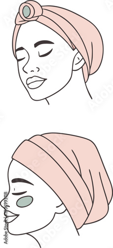 Woman wearing hair turban and headband for beauty routine and skincare facial treatment illustration