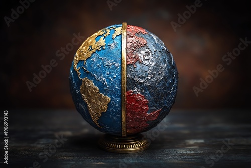A globe divided into blue and red, symbolizing geopolitical tension