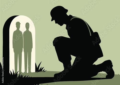 Soldier Visits Two Fallen Friends Illustrator Artwork Creative Design Template 