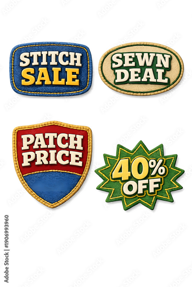 Fototapeta premium 3D Sewn Fabric Patches Advertising Stitch Sale and 40% Off Deals