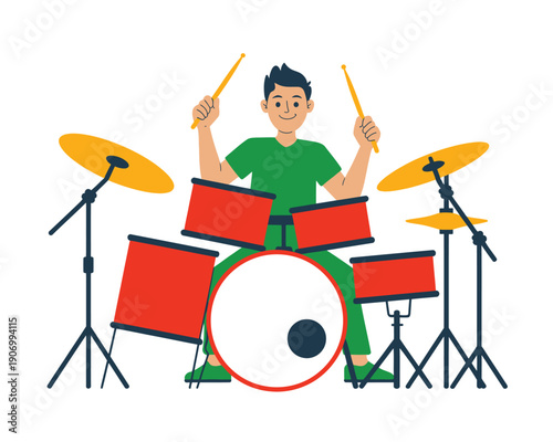 A young person plays a red drum set with drumsticks.