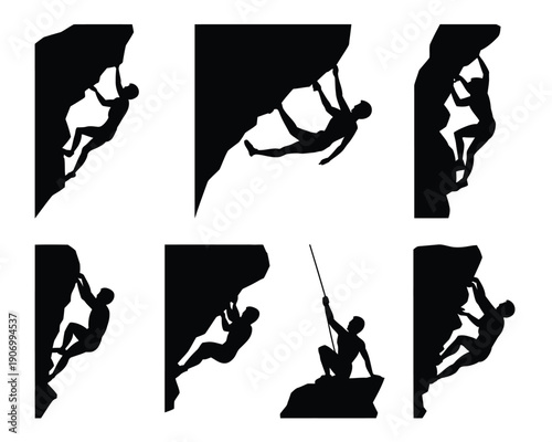 Silhouettes of rock climbers scaling steep cliffs with determination and skill.