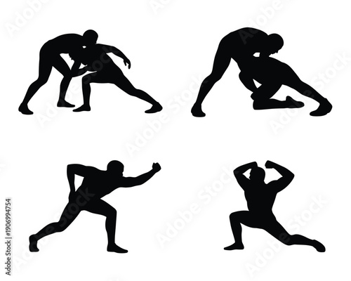 Silhouettes of wrestlers engaged in combat and training poses
