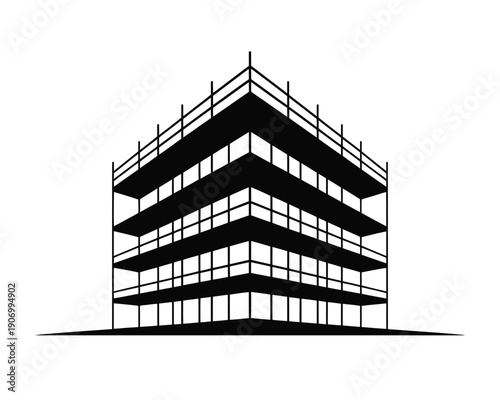 A skeletal representation of a building under construction is shown from a low angle.