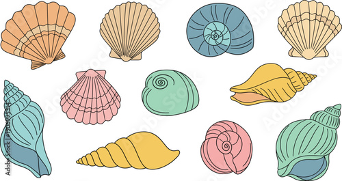 Hand drawn seashell icon set featuring ocean shells, marine elements, beach decorations, and coastal nature symbols in soft flat vector style