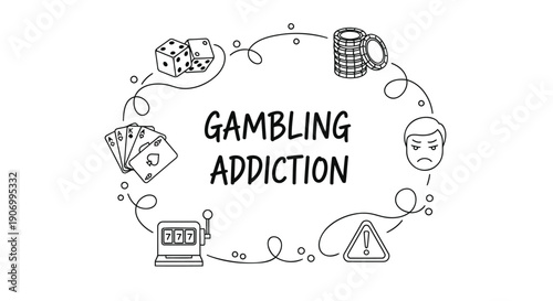 Vector illustration of gambling addiction awareness icons, including poker chips, cards, computer, and warning signs, Isolated on transparent background, png