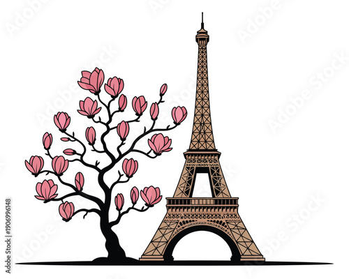 Eiffel Tower and blossoming tree represent Paris in spring.