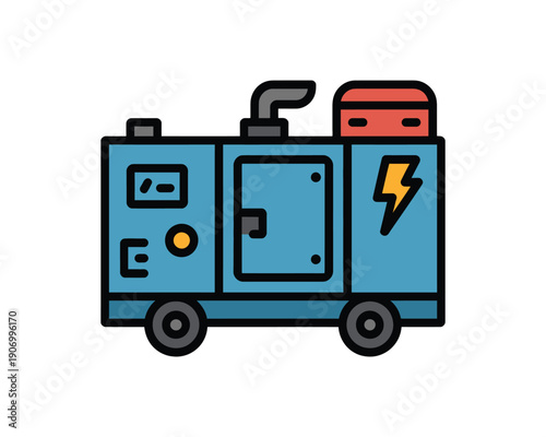 A portable generator is shown with a yellow lightning bolt symbol.