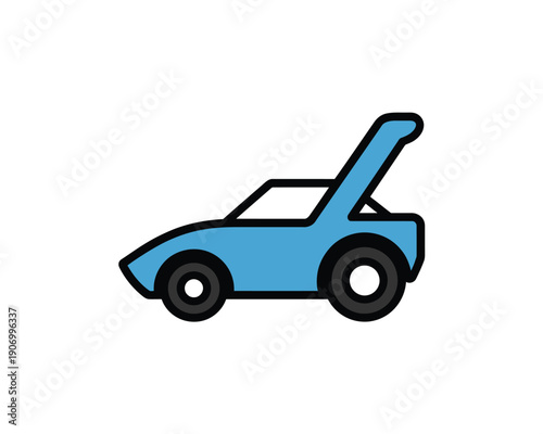 A cartoon drawing of a blue convertible car with its trunk open on a white background.